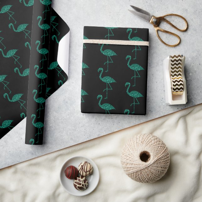 Sparkly flamingo Emerald glitter pattern black Wrapping Paper (Crafts)