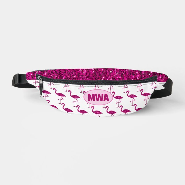 Sparkly flamingo hot pink faux sparkles Monogram Fanny Pack (Front)
