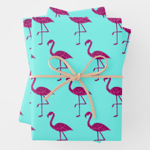 Sparkly flamingo Pink glitter pattern Teal blue Wrapping Paper Sheet