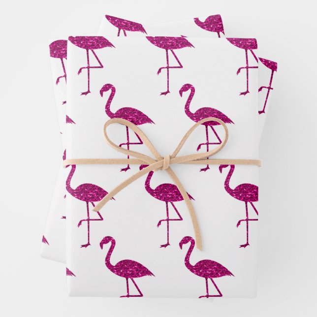 Sparkly flamingo Pink glitter pattern white Wrapping Paper Sheet (In situ)