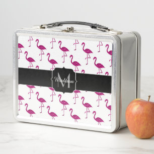 Sparkly flamingo Pink glitter sparkles Monogram Metal Lunch Box