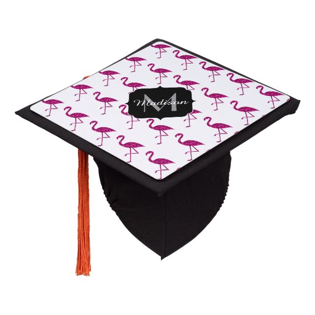 Sparkly flamingo Pink sparkles pattern Monogram Graduation Cap Topper (Angled)