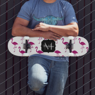 Sparkly flamingo Pink sparkles pattern Monogram Skateboard