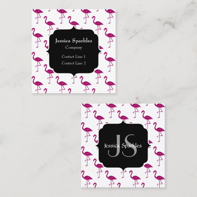 Sparkly flamingo Pink sparkles pattern Monogram Square Business Card (Front/Back)
