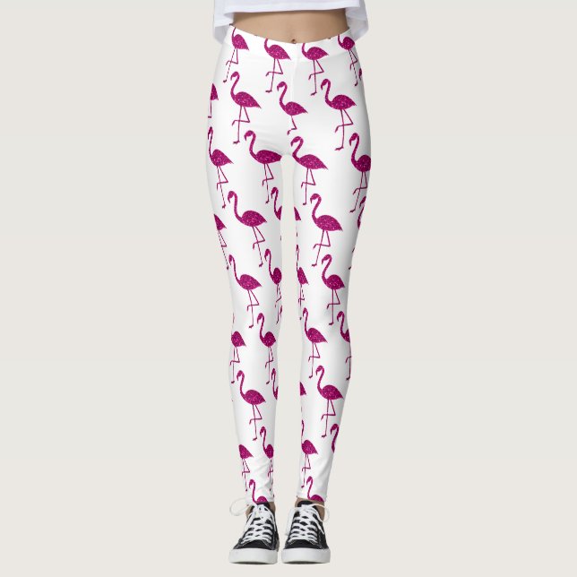 Sparkly flamingo Pink sparkles pattern white Leggings (Front)