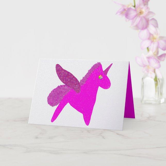 Sparkly fuchsia unicorn glitter pegasus card (Orchid)
