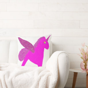 Sparkly fuchsia unicorn glitter pegasus throw pillow