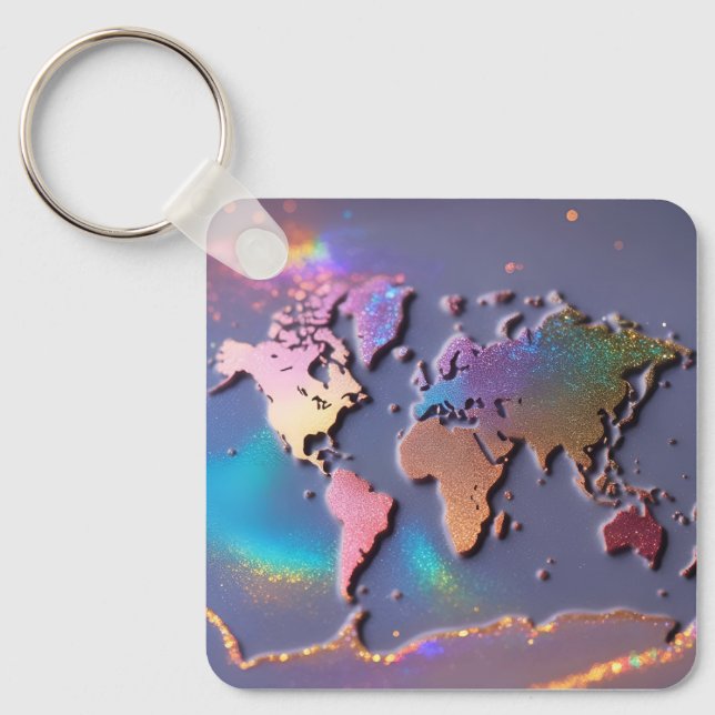 Sparkly Glitter 3D Colourful World Map  Keychain (Front)