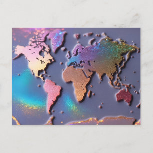 Sparkly Glitter 3D Colourful World Map Postcard
