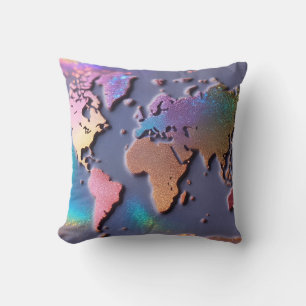 Sparkly Glitter 3D Colourful World Map Throw Pillow