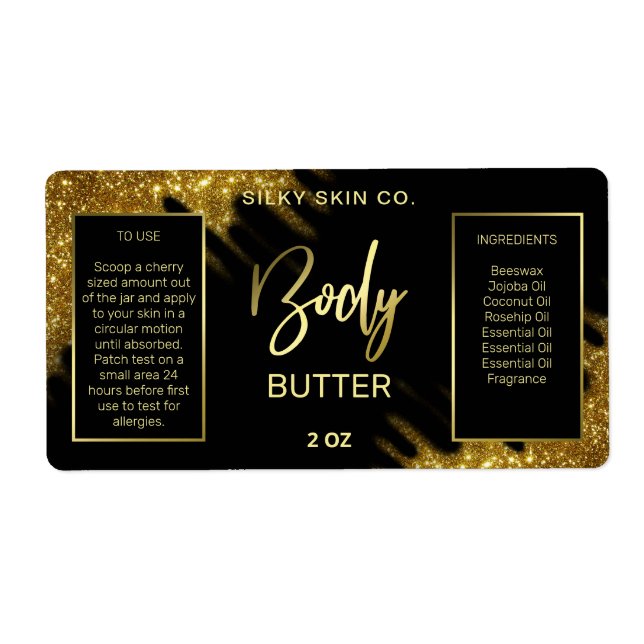 Sparkly Glitter Black And Gold Body Butter Labels (Front)