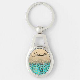 Sparkly Glitter Chic Turquoise Leopard Custom      Keychain