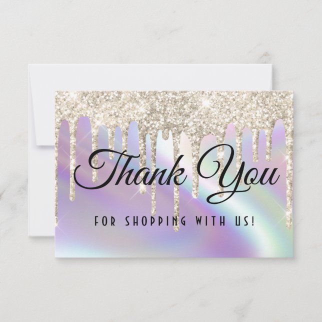 Sparkly Glitter Drips Faux Holographic Pearlescent Thank You Card (Front)