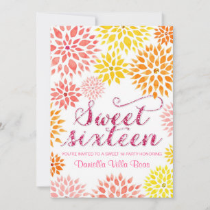 Sparkly Glitter Floral Watercolor Spring Sweet 16 Invitation
