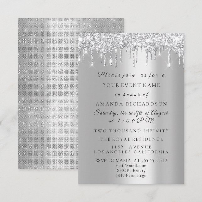 Sparkly Glitter Silver Grey  Bridal Birthday Invitation (Front/Back)