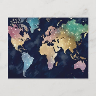 Sparkly Glitter World Map – Watercolor Travel Art Postcard