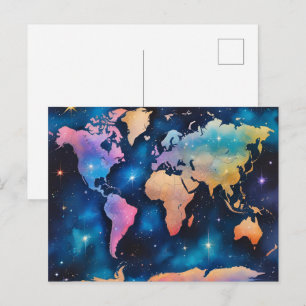Sparkly Glitter World Map – Watercolor Travel Art Postcard