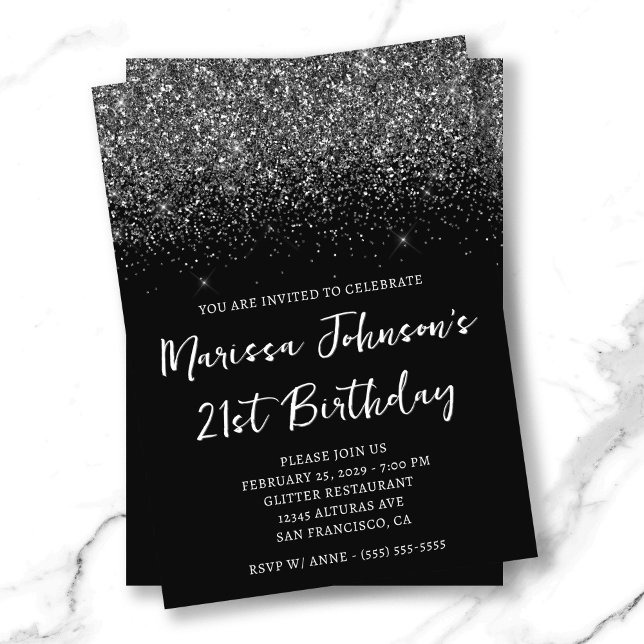 Sparkly Glittery Black 21st Birthday Invitation (Sparkly Glittery Black 21st Birthday Invitation)
