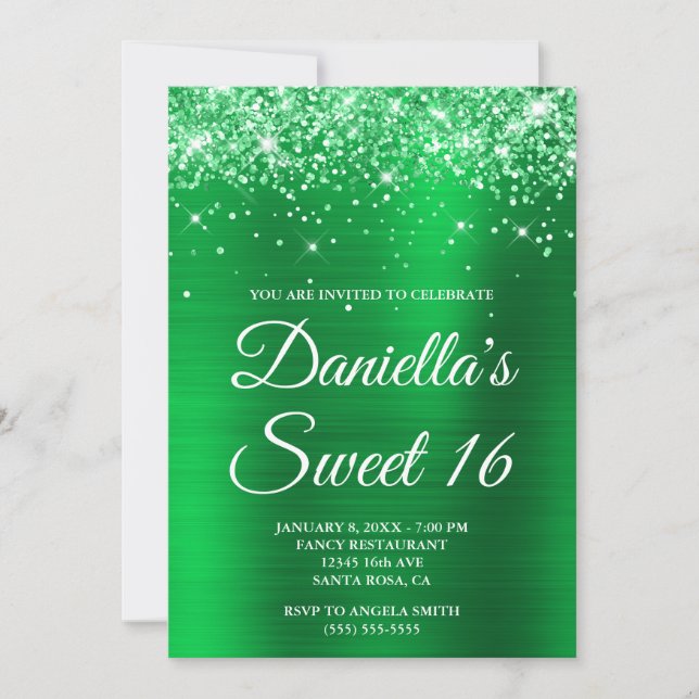 Sparkly Glittery Bright Green Foil Sweet 16 Invitation (Front)