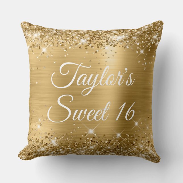 Sparkly Glittery Gold Foil Glam Sweet 16 Large Throw Pillow (Front)