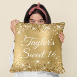 Sparkly Glittery Gold Foil Glam Sweet 16 Throw Pillow<br><div class="desc">Fabulous sweet 16 girly glam throw pillow for your daughter. On the front, you can customize the font style, colour and size as needed. This version has a uniform font size for your daughter's first name and "Sweet 16" text design. The backside features the number sixteen in a puffy balloon...</div>