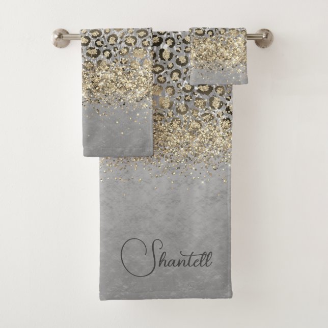 Sparkly Glittery Gold Leopard Personalized Bath Towel Set (Insitu)