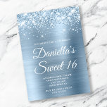 Sparkly Glittery Light Blue Foil Sweet 16 Invitation<br><div class="desc">Create your own stylish 16th birthday celebration invitation for your daughter. Decorative faux sparkly pale blue glitter graphics form a top border. The background digital art features a shiny light blue ombre style brushed metal foil. Customize the invitation white text colour or font styles. The "Sweet 16" text is also...</div>