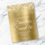 Sparkly Glittery Pale Gold Foil Sweet 16 Invitation<br><div class="desc">Create your own stylish 16th birthday celebration invitation for your daughter. Decorative faux sparkly light gold glitter graphics form a top border. The background digital art features a shiny golden beige and gold ombre style brushed metal foil. Customize the invitation white text colour or font styles. The "Sweet 16" text...</div>