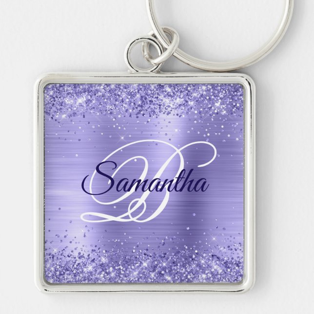 Sparkly Glittery  Periwinkle Foil Fancy Monogram Keychain (Front)