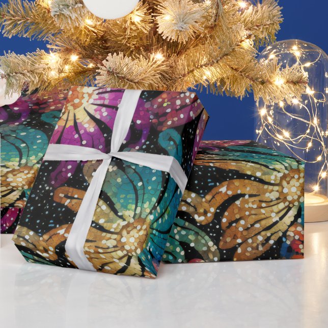 Sparkly Glittery Purple Blue and Gold Florals Wrapping Paper (Holidays)
