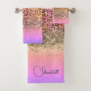 Sparkly Glittery Rainbow Leopard Personalized Bath Towel Set