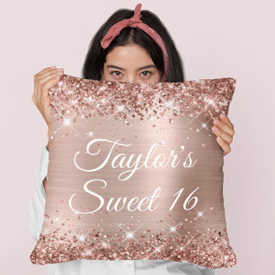 Sparkly Glittery Rose Gold Foil Glam Sweet 16 Throw Pillow