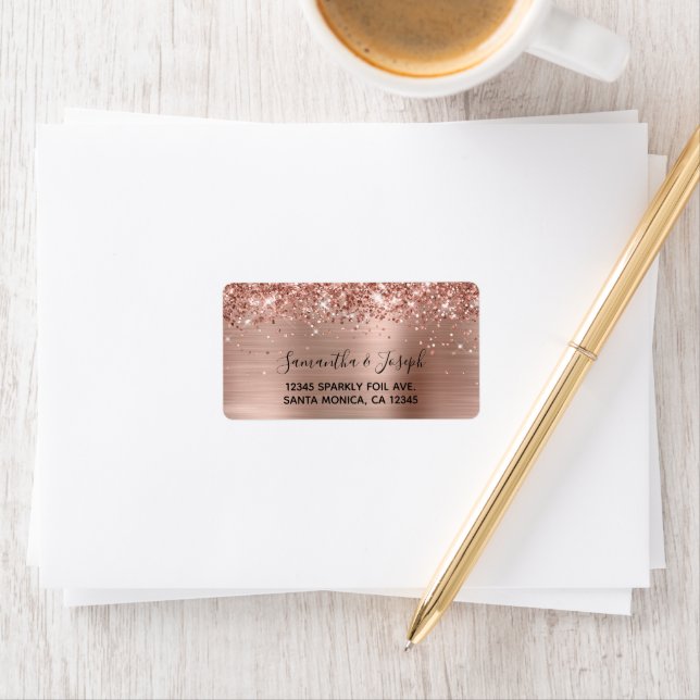 Sparkly Glittery Rose Gold Foil Wedding Label (Insitu)