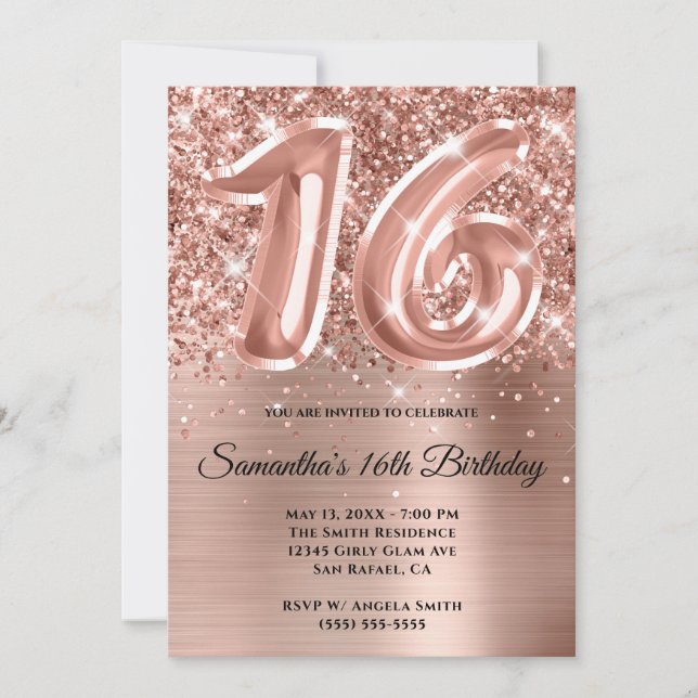 Sparkly Glittery Rose Gold Glam 16th Birthday Invitation (Front)