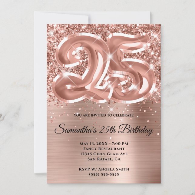 Sparkly Glittery Rose Gold Glam 25th Birthday Invitation (Front)