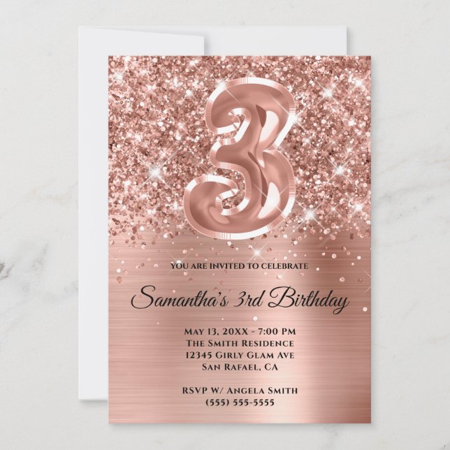 Sparkly Glittery Rose Gold Glam 3rd Birthday Invitation (Front)
