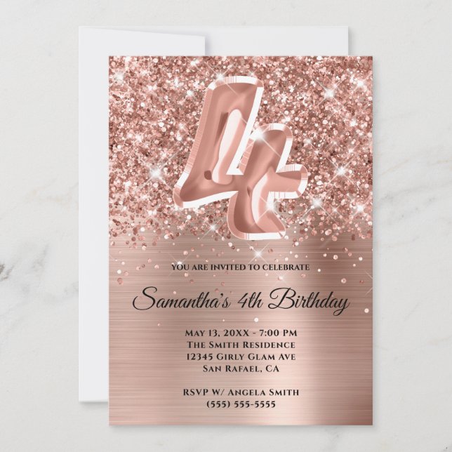 Sparkly Glittery Rose Gold Glam 4th Birthday Invitation (Front)