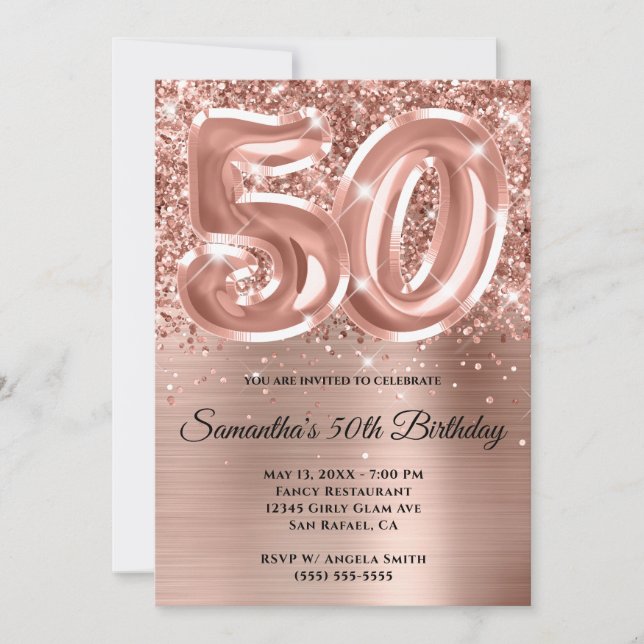 Sparkly Glittery Rose Gold Glam 50th Birthday Invitation (Front)