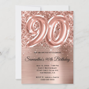 Sparkly Glittery Rose Gold Glam 90th Birthday Invitation