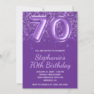 Sparkly Glittery Royal Purple Number 70 Birthday Invitation