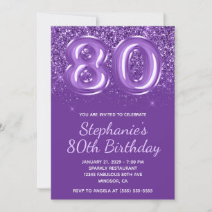 Sparkly Glittery Royal Purple Number 80 Birthday Invitation