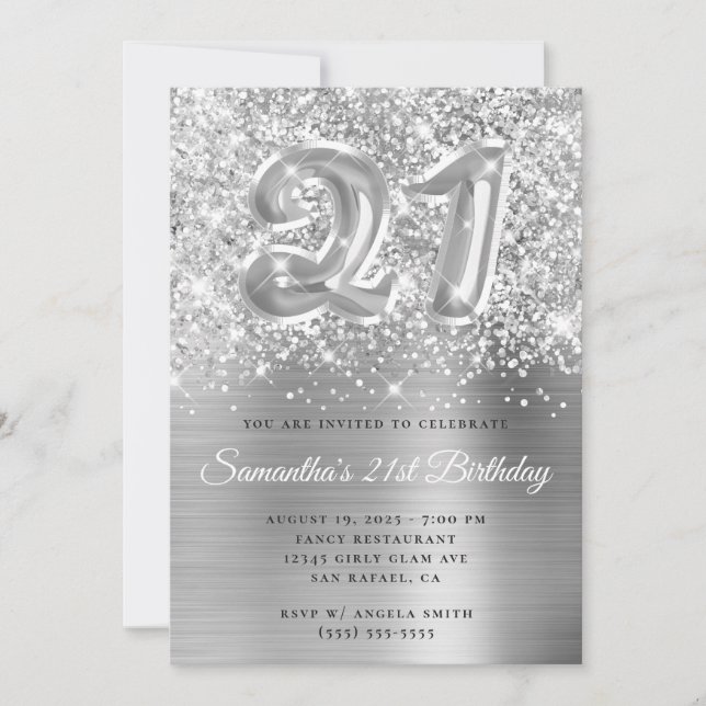 Sparkly Glittery Silver Balloon 21st Birthday Invitation (Front)