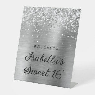 Sparkly Glittery Silver Foil Sweet 16 Welcome Pedestal Sign