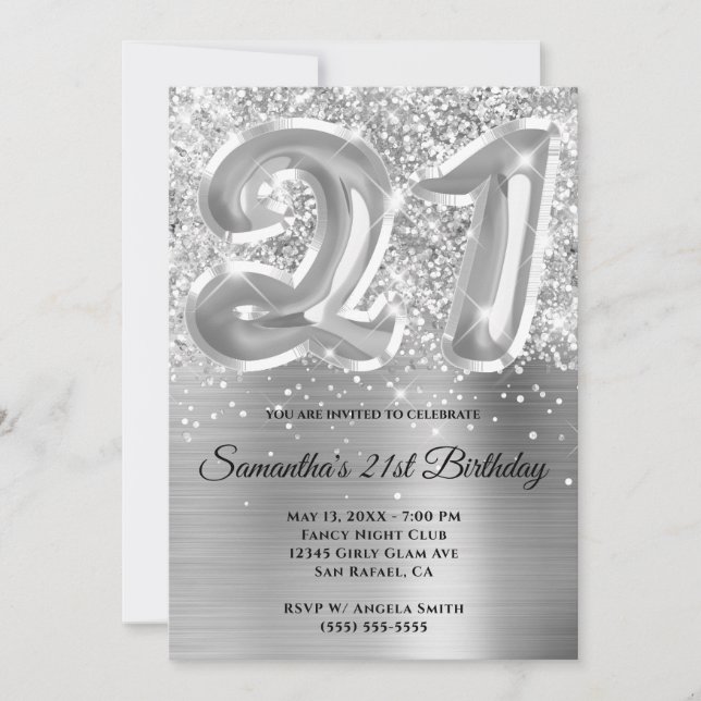 Sparkly Glittery Silver Glam 21st Birthday Invitation (Front)