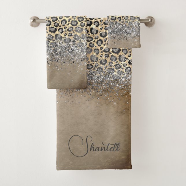 Sparkly Glittery Silver Leopard Personalized Bath Towel Set (Insitu)