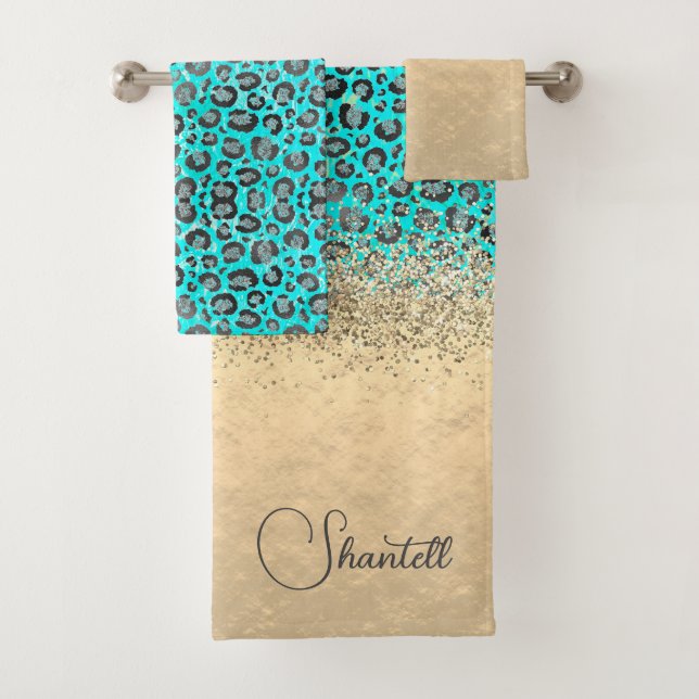 Sparkly Glittery Silver Leopard Personalized  Bath Towel Set (Insitu)