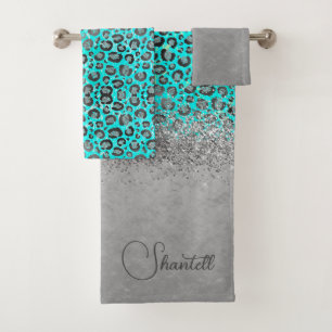 Sparkly Glittery Silver Leopard Personalized Bath Towel Set