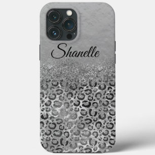 Sparkly Glittery Silver Leopard  Personalized  iPhone 13 Pro Max Case