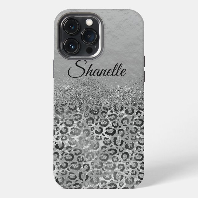 Sparkly Glittery Silver Leopard  Personalized  iPhone Case (Back)