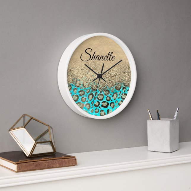 Sparkly Glittery Turquoise Leopard  Personalized Clock (Office)